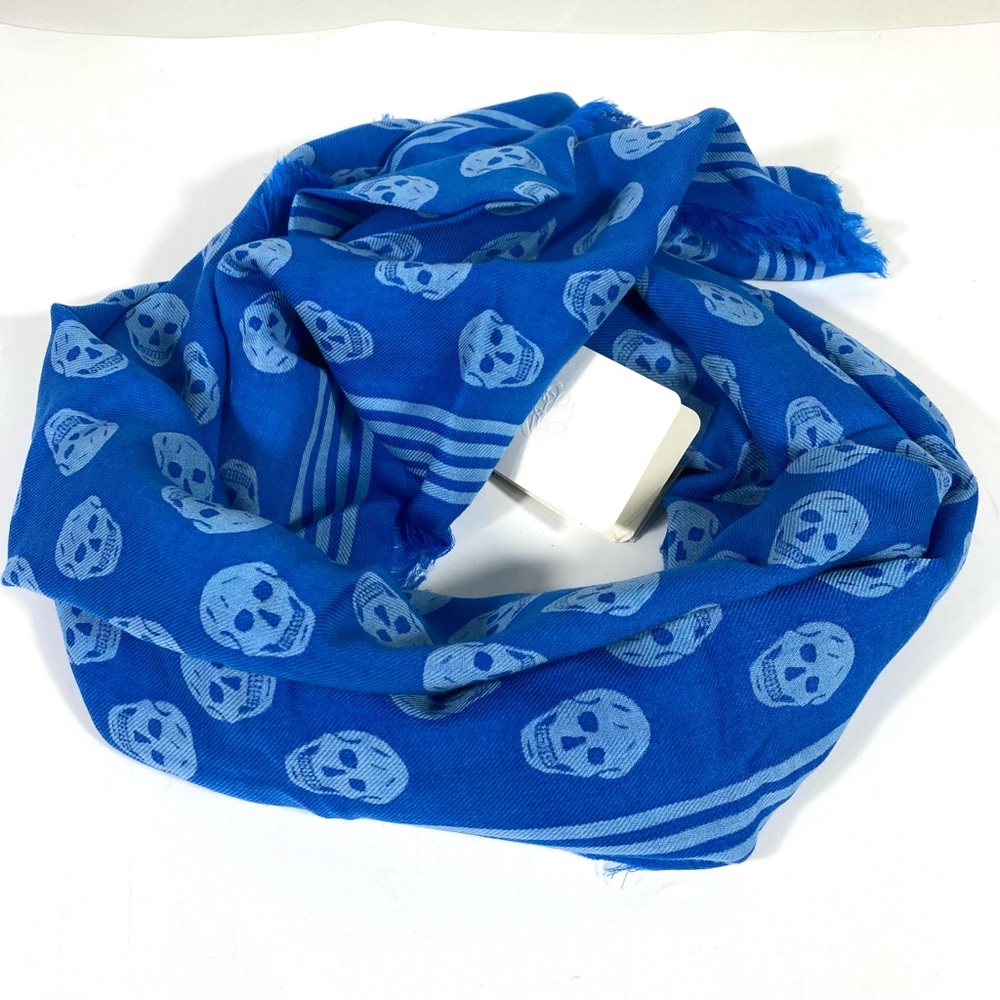 *SOLD* Alexander McQueen Biker Skull Wool Scarf Blue 120 x 140 NWT - Picture 4 of 15